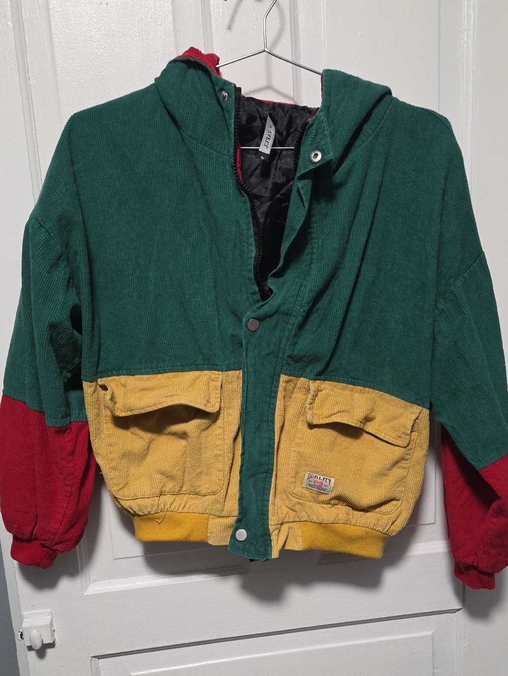 Colorblock Corduroy Hooded Bomber Jacket - Green/Yellow/Red